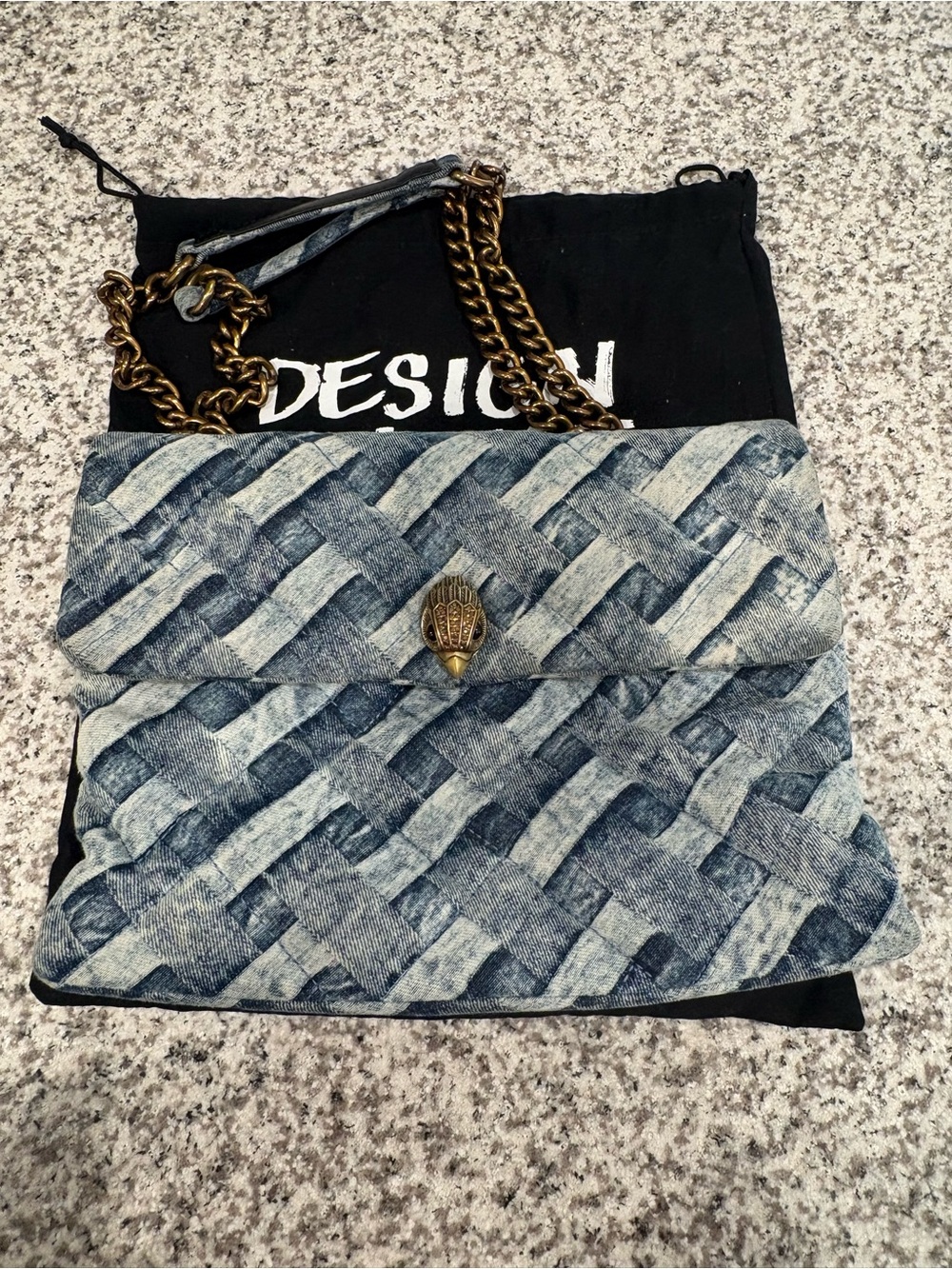 Kurt Geiger Quilted Denim-Effect Shoulder Bag with Gold Chain